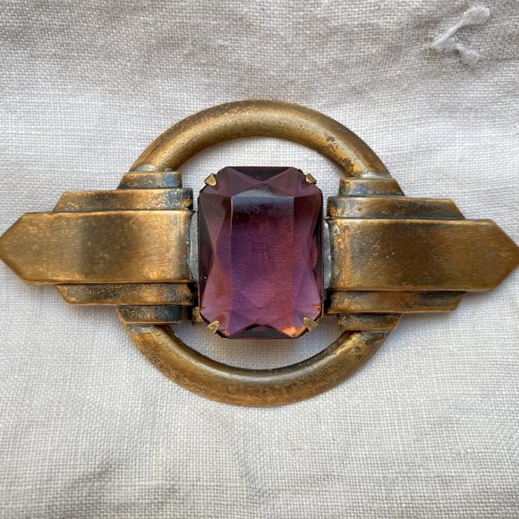 Art Deco Revival Large Amethyst & Brass Brooch - Picture 1 of 5